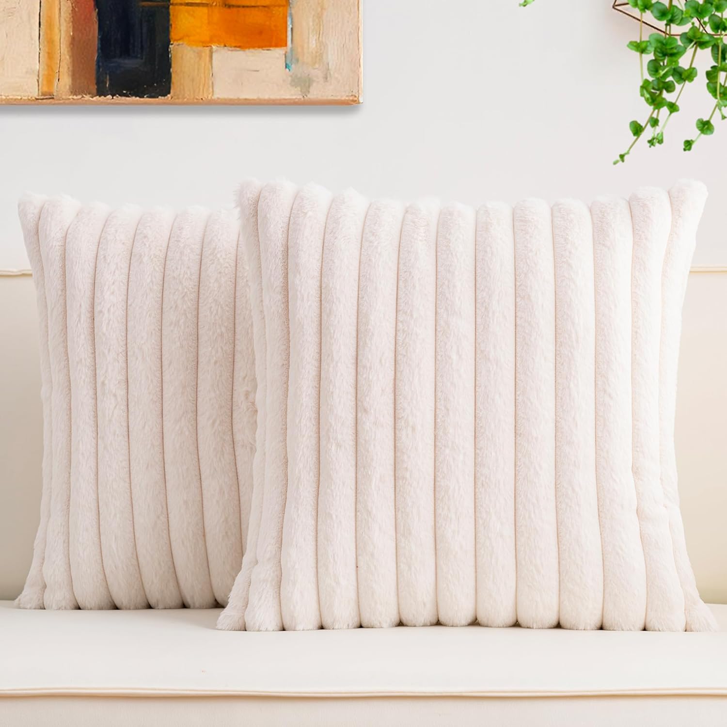 Pack of 2 Faux Fur Christmas Throw Pillow Covers 18x18 Inch, Soft Plush Striped Neutral Couch Pillow Cover, with Velvet Back Modern Home Decor for Sofa Living Room Couch Bed Cream White