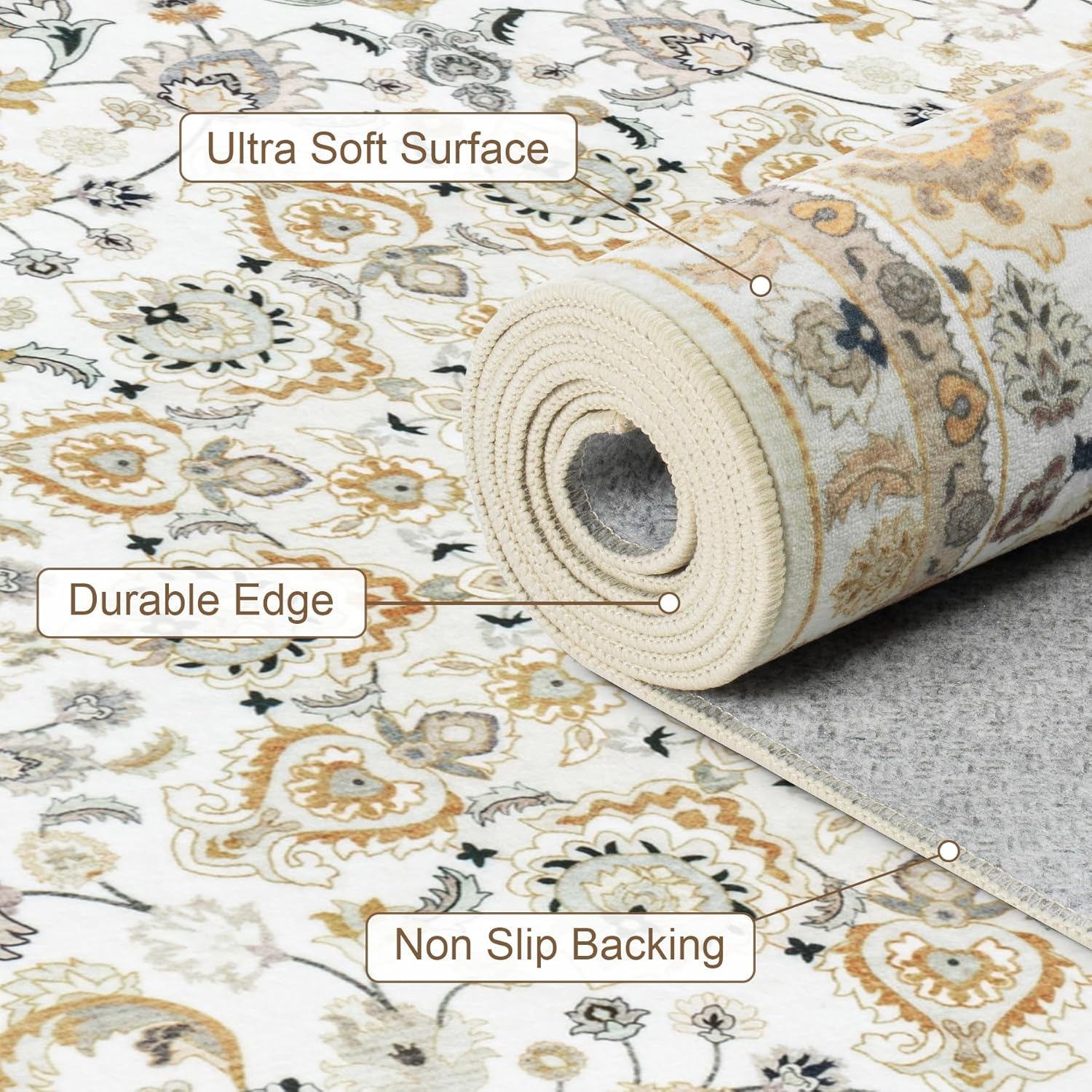 5x7 Area Rugs Living Room Rug: Washable Vintage Boho Rug No Slip Stain Resistant Soft Carpet Indoor Floor Floral Large Carpets for Bedroom Dining Room Farmhouse Nursery Hallway Home Office Beige