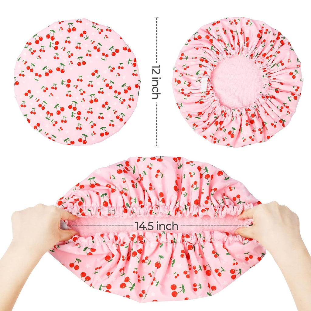 Shower Cap for Women Terry Lined Bath Cap Large Reusable Waterproof Elastic Band Pink Shower Caps for Long Thick Hair Soft Bath Shower Hair Caps