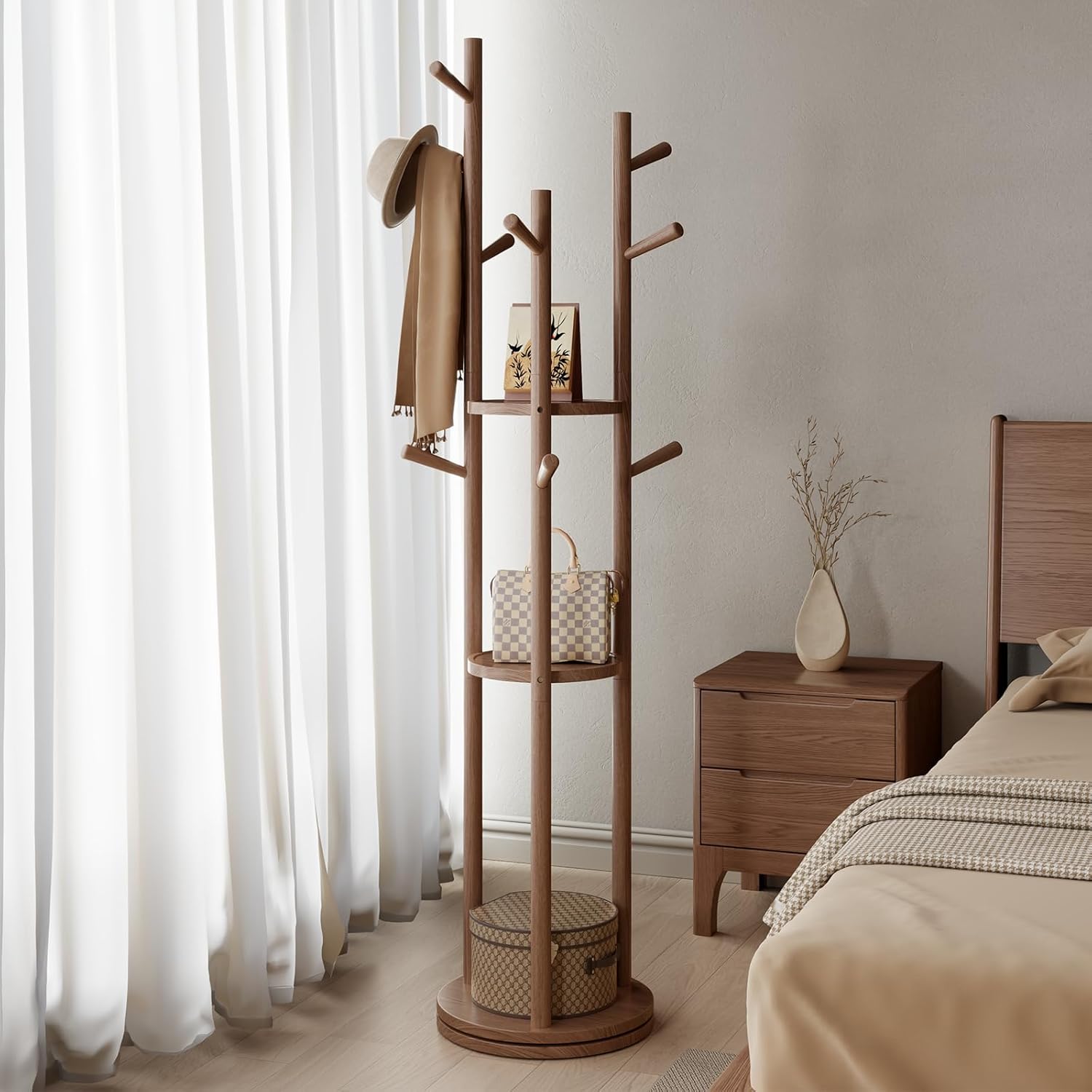 Solid Wood Rotary Coat Rack, Freestanding Coat Rack with 3 Shelves and 9 Hooks, Coat tree for Bedroom, Entryway, Livingroom, Coat Hanger Stand for Coats, Scarves, Handbags (Walnut)