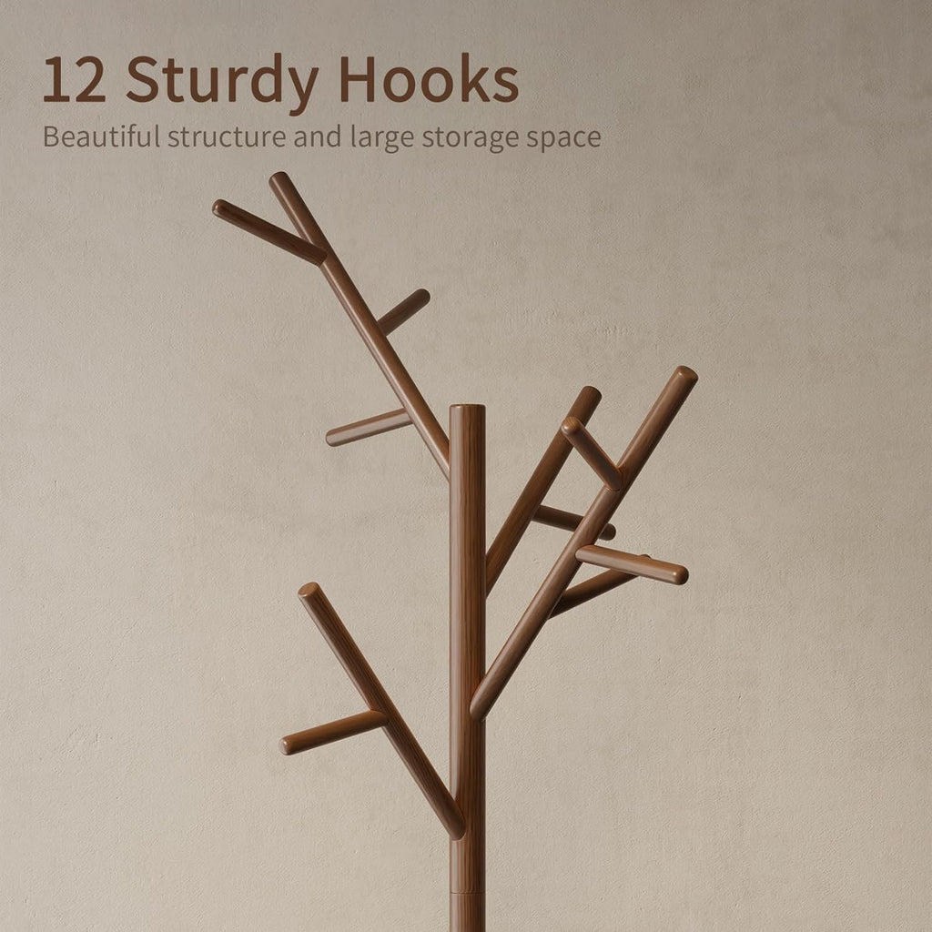 Coat Rack,Solid Wood Coat Rack Freestanding with 12 Hooks,Coat tree freestanding 3 Adjustable Heights for coat, Hats, Handbags，Coat Stand for Entryway,Bedroom (Walnut)