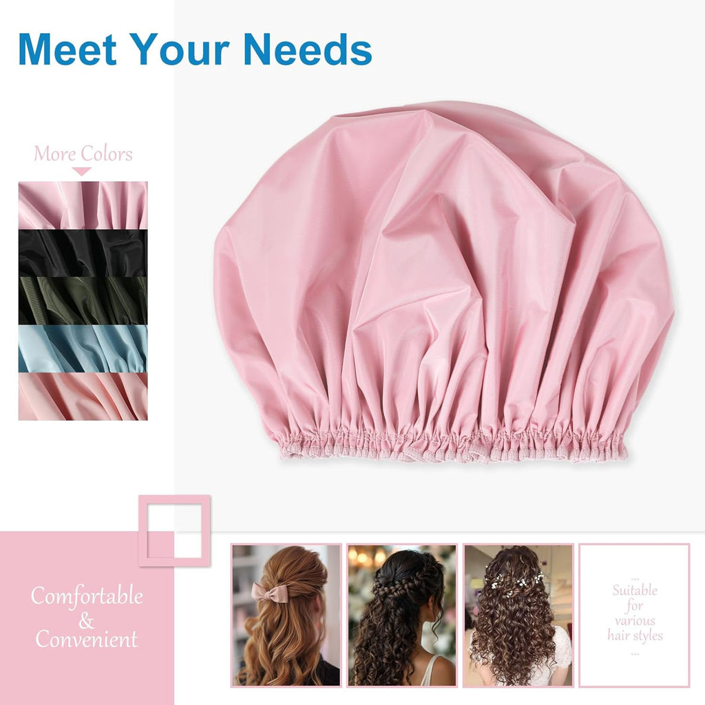Shower Cap for Women, Double Layer Waterproof Bath Cap, Reusable Hair Protector, Large Waterproof Shower Bonnet Washable Elastic Band Bath Hair Hat for Long Hair, Braids， - Pink