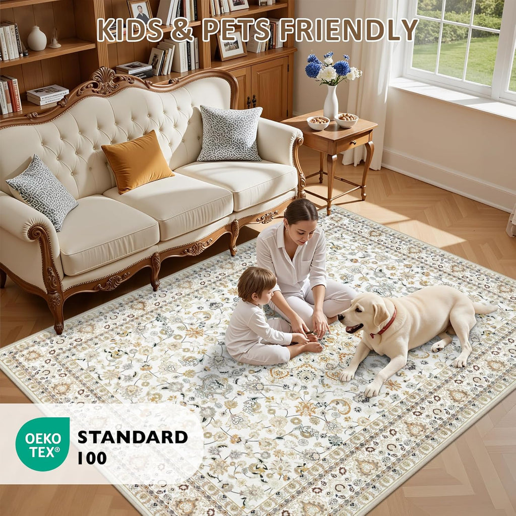 5x7 Area Rugs Living Room Rug: Washable Vintage Boho Rug No Slip Stain Resistant Soft Carpet Indoor Floor Floral Large Carpets for Bedroom Dining Room Farmhouse Nursery Hallway Home Office Beige