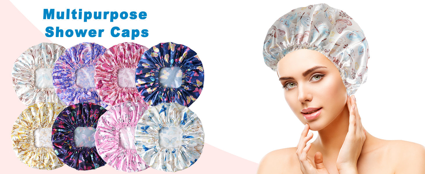 Shower Caps for Women, 4 PCS Elastic and Reusable Bath Caps, Double Waterproof Layers Shower Cap, Bathing Shower Caps, Environmental Protection Hair Bath Hat - Solid Color