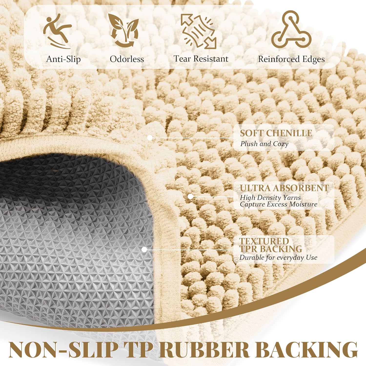 Bathroom Rugs Mat 60 x 36, Thick Soft Absorbent Chenille Bath Rugs, Rubber Backing Bath Mats for Bathroom Floor, Tub, Shower, Bedroom, Home Decor Accessories, Quick Dry Machine Washable, Beige