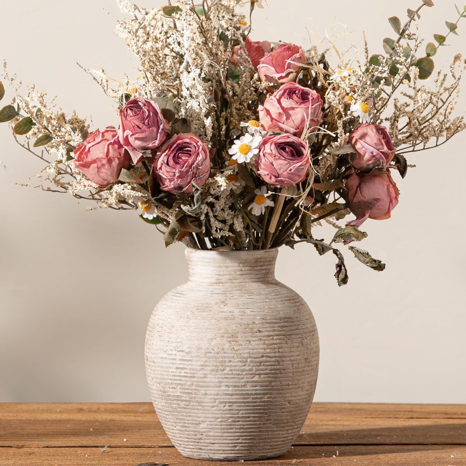 Ceramic Flower Vase Home Decor - Small Farmhouse Table Vases Rustic Vintage Living Room Kitchen Bedroom Decorations for House Book Shelf Office Coffee Desk Dining Fireplace (6" Retro)