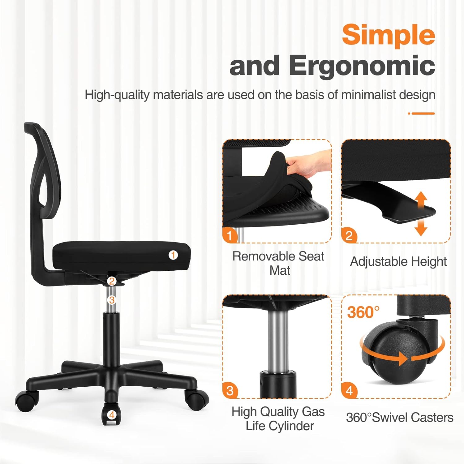 Small Office Desk Chair, Ergonomic Low-Back Mesh Rolling Work Swivel Chairs with Wheels, Armless Comfortable Seat Lumbar Support for Home, Bedroom, Study, Student, Adults,Classic Black