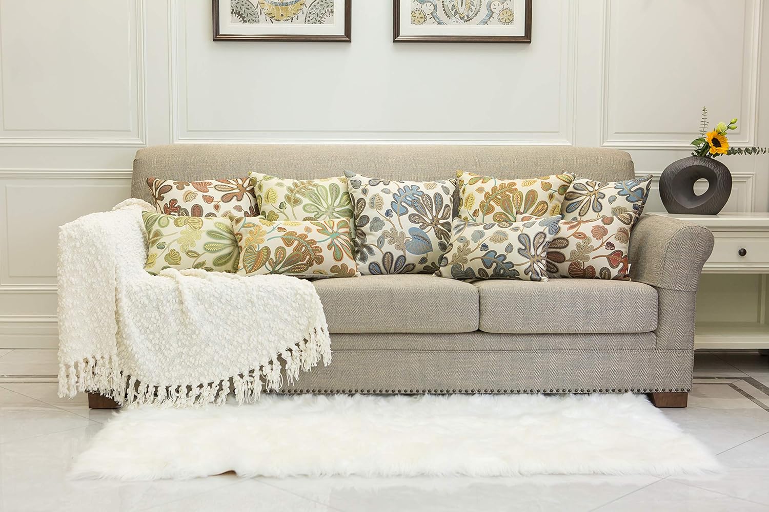 Mika Home Set of 2 Jacquard Tropical Leaf Pattern Oblong Throw Pillow Covers Accent Pillowcase 12X20 Inches,Blue Cream