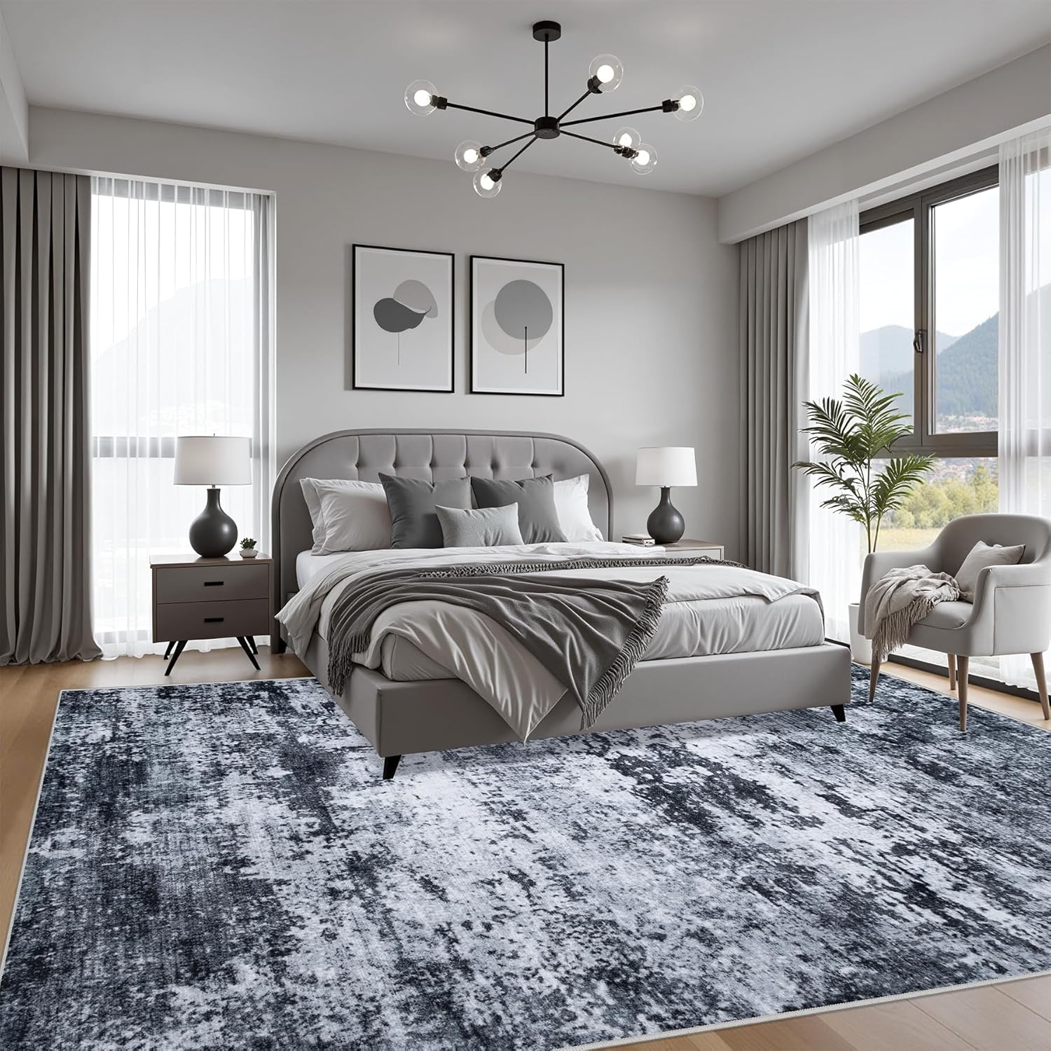 5x7 Area Rug Living Room Rug: Washable Modern Abstract Soft Thin Rug Indoor Floor No Slip Stain Resistant Carpet for Bedroom Dining Room Farmhouse Nursery Home Office - Black