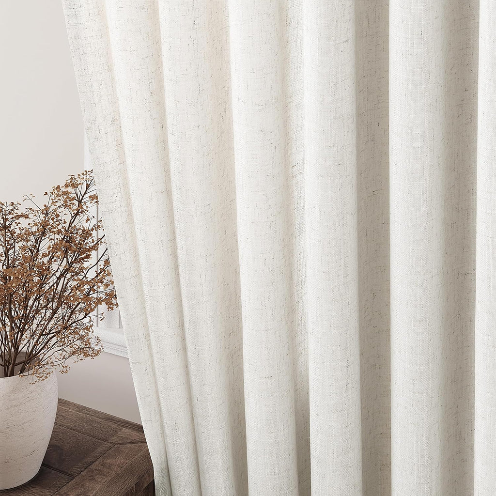 Cream Linen Back Tab Curtains 84 Inch Length for Living Room 2 Panel Set Neutral Modern Farmhouse Window Privacy Semi Sheer Linen Drapes Rustic Pinch Pleated Look Curtain Natural Ivory Colored