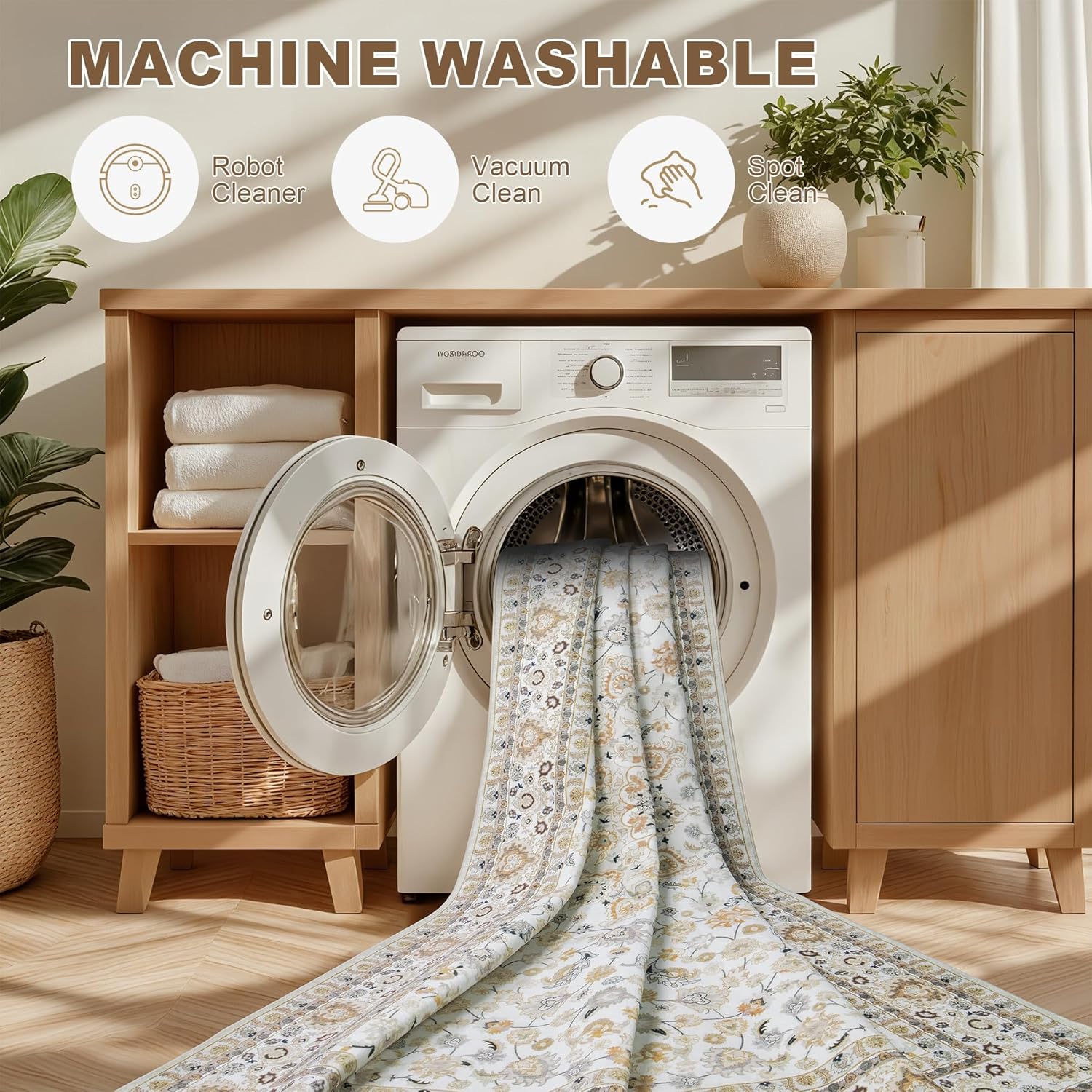 5x7 Area Rugs Living Room Rug: Washable Vintage Boho Rug No Slip Stain Resistant Soft Carpet Indoor Floor Floral Large Carpets for Bedroom Dining Room Farmhouse Nursery Hallway Home Office Beige