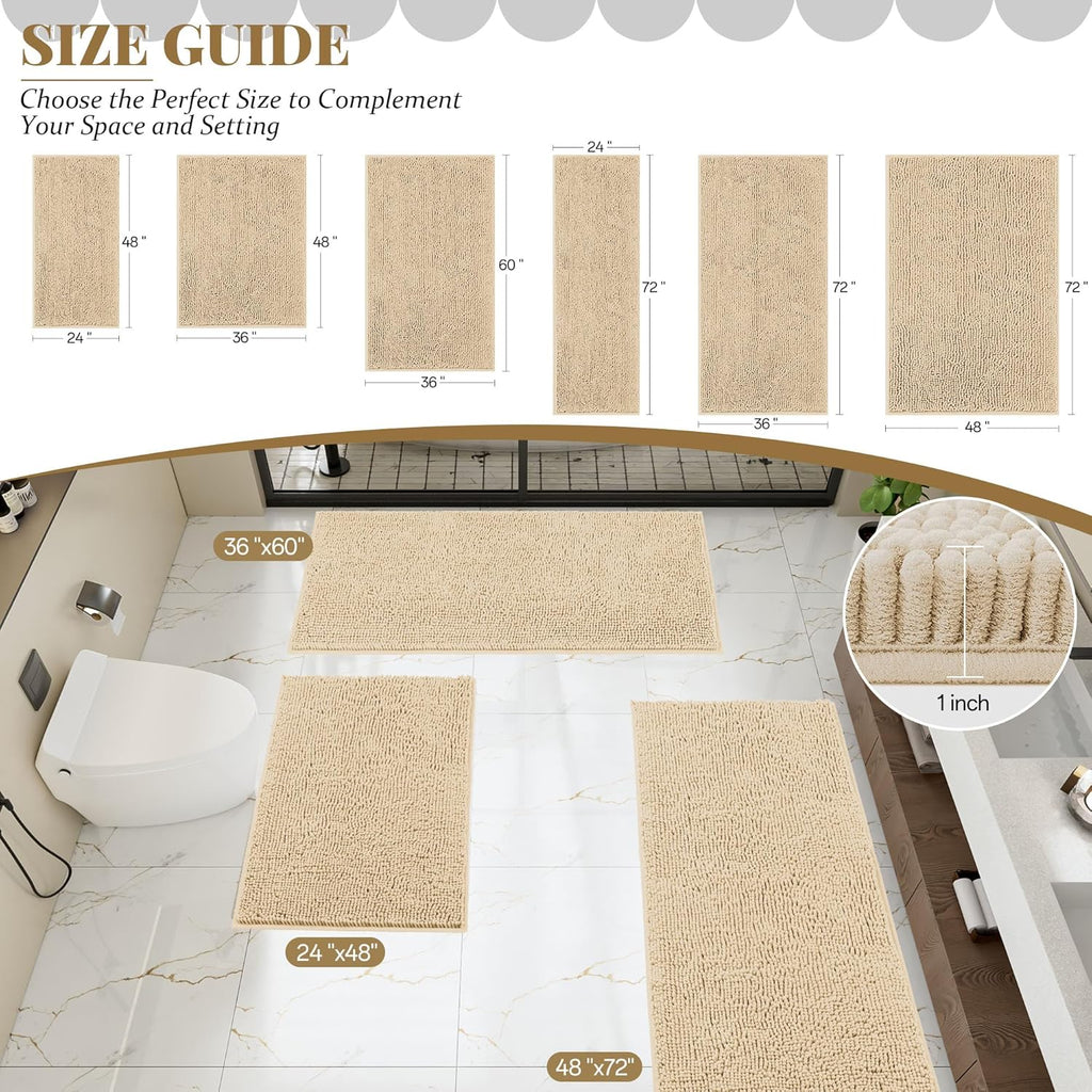 Bathroom Rugs Mat 60 x 36, Thick Soft Absorbent Chenille Bath Rugs, Rubber Backing Bath Mats for Bathroom Floor, Tub, Shower, Bedroom, Home Decor Accessories, Quick Dry Machine Washable, Beige